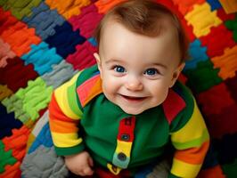 adorable bébé avec vibrant Vêtements dans une espiègle pose ai génératif photo