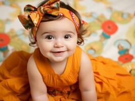 adorable bébé avec vibrant Vêtements dans une espiègle pose ai génératif photo