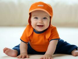 adorable bébé avec vibrant Vêtements dans une espiègle pose ai génératif photo