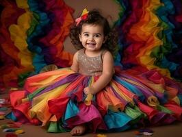 adorable bébé avec vibrant Vêtements dans une espiègle pose ai génératif photo