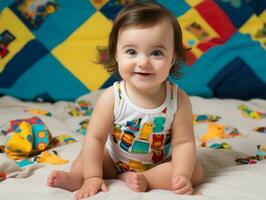 adorable bébé avec vibrant Vêtements dans une espiègle pose ai génératif photo