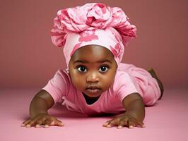 adorable bébé avec vibrant Vêtements dans une espiègle pose ai génératif photo