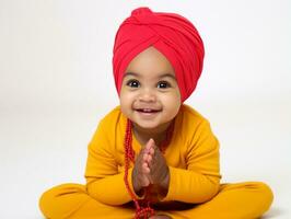 adorable bébé avec vibrant Vêtements dans une espiègle pose ai génératif photo