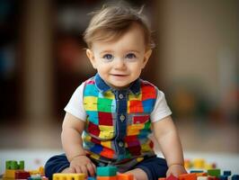 adorable bébé avec vibrant Vêtements dans une espiègle pose ai génératif photo