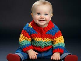 adorable bébé avec vibrant Vêtements dans une espiègle pose ai génératif photo