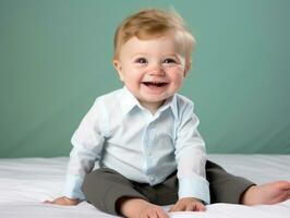 adorable bébé avec vibrant Vêtements dans une espiègle pose ai génératif photo