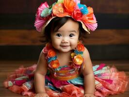 adorable bébé avec vibrant Vêtements dans une espiègle pose ai génératif photo