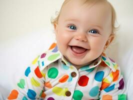 adorable bébé avec vibrant Vêtements dans une espiègle pose ai génératif photo