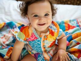 adorable bébé avec vibrant Vêtements dans une espiègle pose ai génératif photo