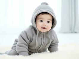 adorable bébé avec vibrant Vêtements dans une espiègle pose ai génératif photo