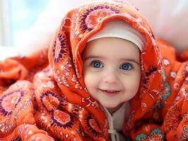 adorable bébé avec vibrant Vêtements dans une espiègle pose ai génératif photo