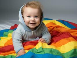 adorable bébé avec vibrant Vêtements dans une espiègle pose ai génératif photo