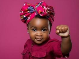 adorable bébé avec vibrant Vêtements dans une espiègle pose ai génératif photo