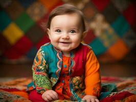 adorable bébé avec vibrant Vêtements dans une espiègle pose ai génératif photo