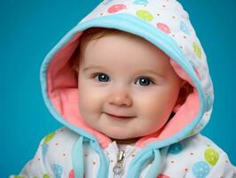 adorable bébé avec vibrant Vêtements dans une espiègle pose ai génératif photo