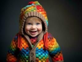 adorable bébé avec vibrant Vêtements dans une espiègle pose ai génératif photo