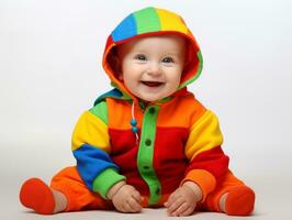 adorable bébé avec vibrant Vêtements dans une espiègle pose ai génératif photo