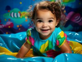 adorable bébé avec vibrant Vêtements dans une espiègle pose ai génératif photo