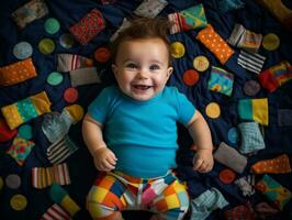 adorable bébé avec vibrant Vêtements dans une espiègle pose ai génératif photo