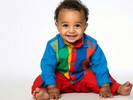 adorable bébé avec vibrant Vêtements dans une espiègle pose ai génératif photo