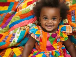 adorable bébé avec vibrant Vêtements dans une espiègle pose ai génératif photo