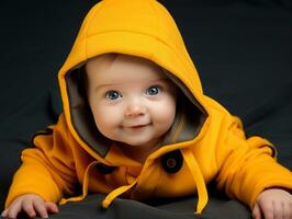 adorable bébé avec vibrant Vêtements dans une espiègle pose ai génératif photo