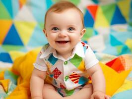 adorable bébé avec vibrant Vêtements dans une espiègle pose ai génératif photo