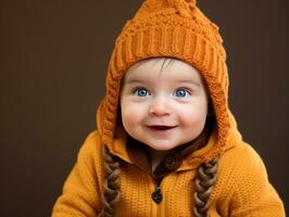 adorable bébé avec vibrant Vêtements dans une espiègle pose ai génératif photo