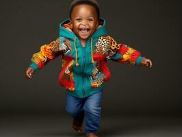 adorable bébé avec vibrant Vêtements dans une espiègle pose ai génératif photo