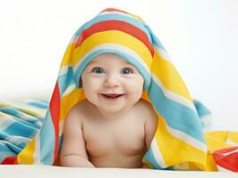 adorable bébé avec vibrant Vêtements dans une espiègle pose ai génératif photo