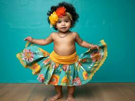 adorable bébé avec vibrant Vêtements dans une espiègle pose ai génératif photo