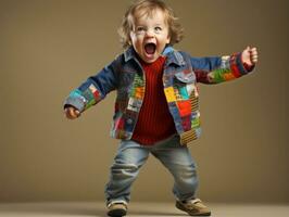 adorable bébé avec vibrant Vêtements dans une espiègle pose ai génératif photo