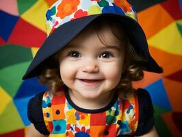 adorable bébé avec vibrant Vêtements dans une espiègle pose ai génératif photo