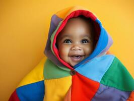 adorable bébé avec vibrant Vêtements dans une espiègle pose ai génératif photo