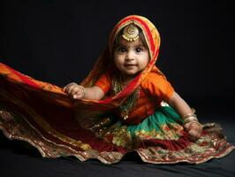 adorable bébé avec vibrant Vêtements dans une espiègle pose ai génératif photo