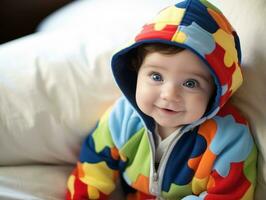 adorable bébé avec vibrant Vêtements dans une espiègle pose ai génératif photo