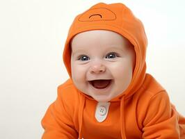 adorable bébé avec vibrant Vêtements dans une espiègle pose ai génératif photo