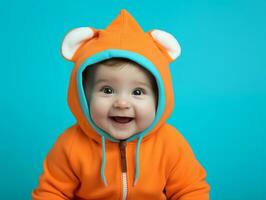 adorable bébé avec vibrant Vêtements dans une espiègle pose ai génératif photo