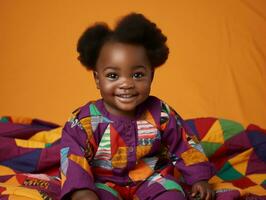 adorable bébé avec vibrant Vêtements dans une espiègle pose ai génératif photo