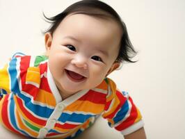 adorable bébé avec vibrant Vêtements dans une espiègle pose ai génératif photo