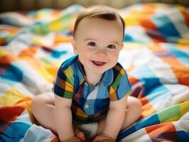 adorable bébé avec vibrant Vêtements dans une espiègle pose ai génératif photo