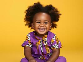 adorable bébé avec vibrant Vêtements dans une espiègle pose ai génératif photo