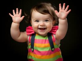 adorable bébé avec vibrant Vêtements dans une espiègle pose ai génératif photo