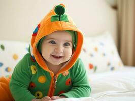 adorable bébé avec vibrant Vêtements dans une espiègle pose ai génératif photo