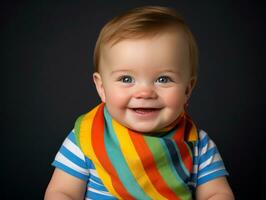 adorable bébé avec vibrant Vêtements dans une espiègle pose ai génératif photo