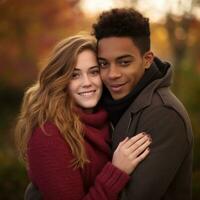 aimant adolescent interracial couple est profiter une romantique l'automne journée ai génératif photo