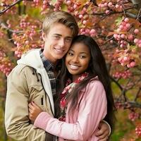 aimant adolescent interracial couple est profiter une romantique l'automne journée ai génératif photo