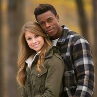 aimant adolescent interracial couple est profiter une romantique l'automne journée ai génératif photo