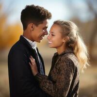 aimant adolescent interracial couple est profiter une romantique l'automne journée ai génératif photo