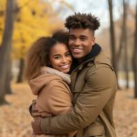aimant adolescent interracial couple est profiter une romantique l'automne journée ai génératif photo